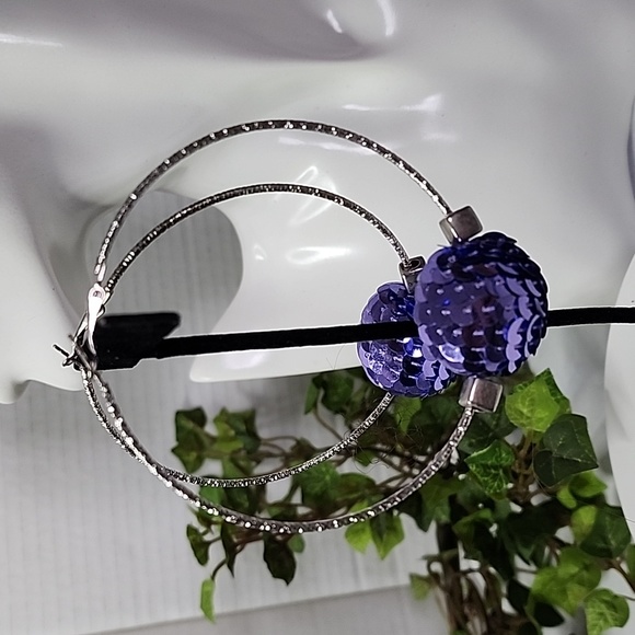 Large Silver Statement Hoop Earrings with Lavender Purple Sequin Disco Ball… - Picture 3 of 7